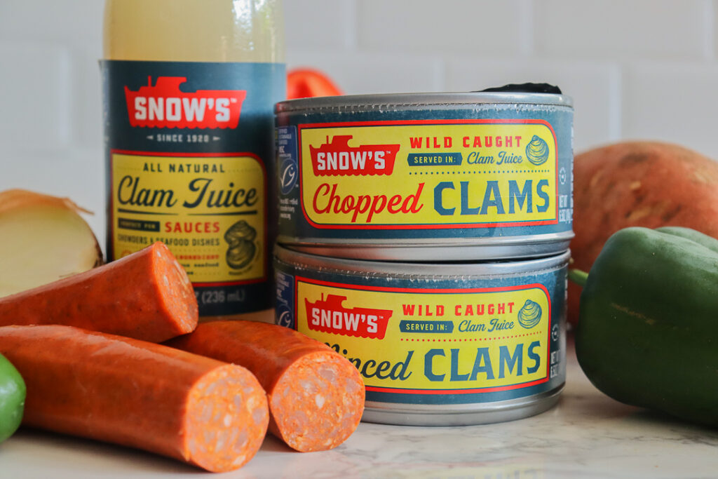 minced and chopped canned clams with chorizo and key ingredients like peppers and onions