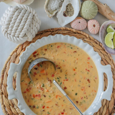 bird's eye view of serving bowl of chowder with nautical decorations