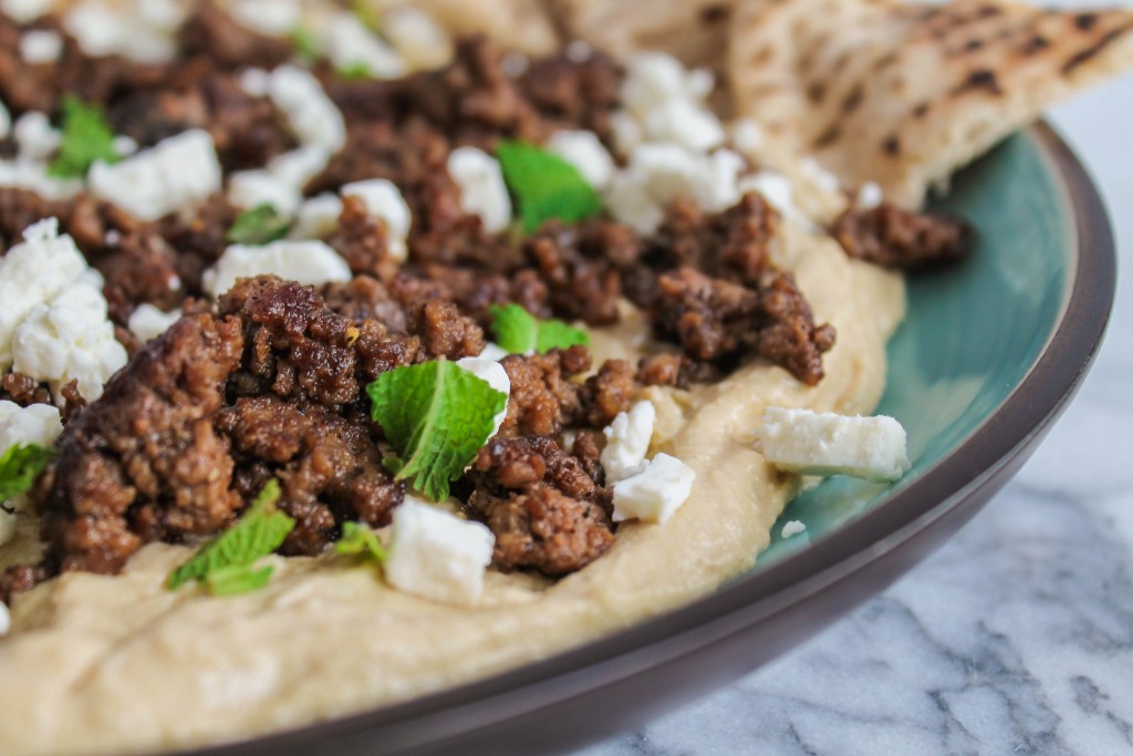 Warm Hummus with Spiced Beef and Feta