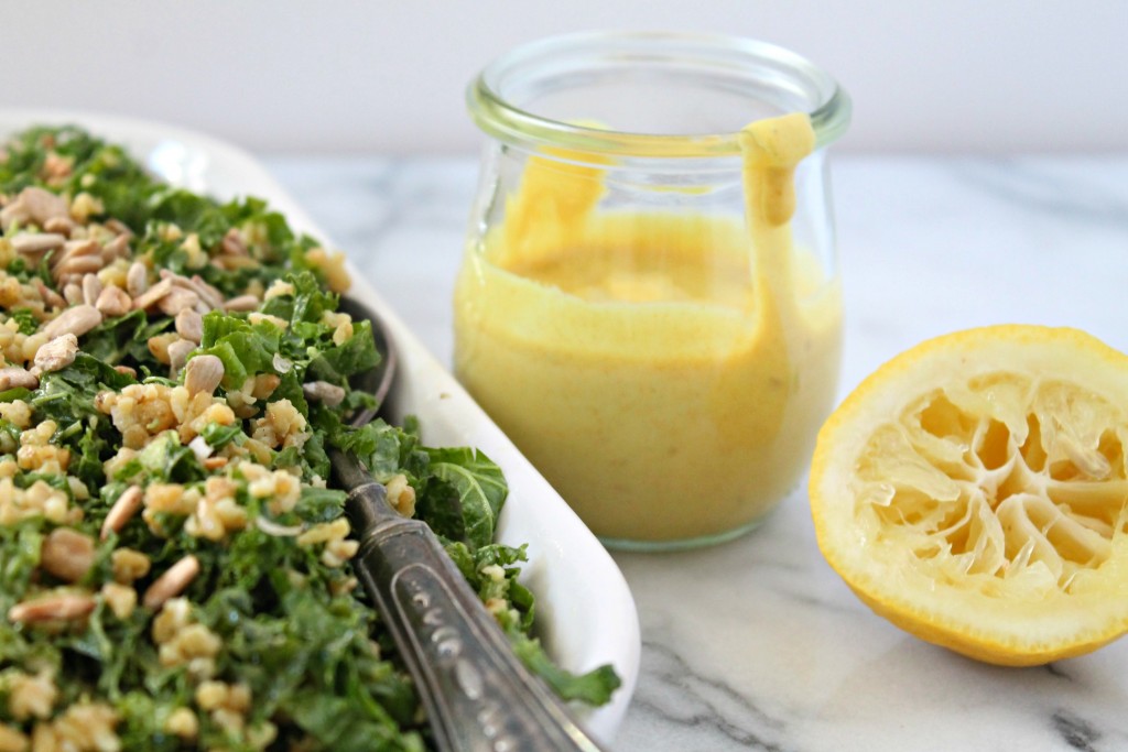 Recreate this unique and delicious Tahini Turmeric Dressing at home and dress kale, grains, and your arugula with it! Recipe on CookingWithBooks.net