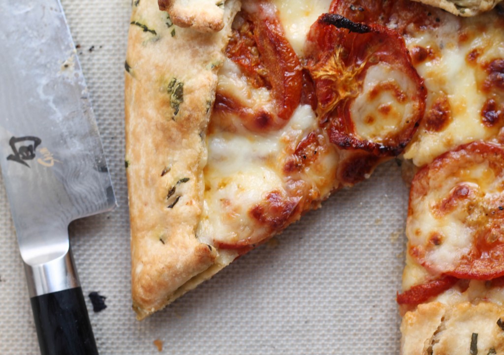 Savory Tomato Mozarella Galette with Basil Flecked Dough recipe 